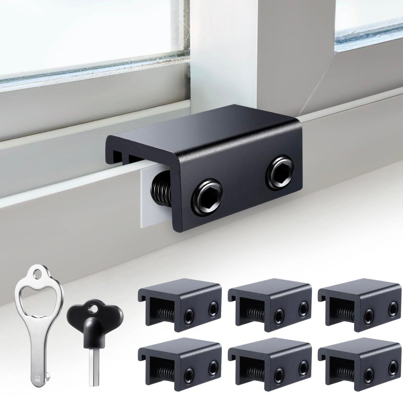 STERGDE Sliding Window Locks (6 Sets)  Security Window Locks with Keys  Adjustable Aluminum Sliding Window Stops  Easy Installation Without Drilling  for Vertical and Horizontal Sliding Windows (Black) - Image 1